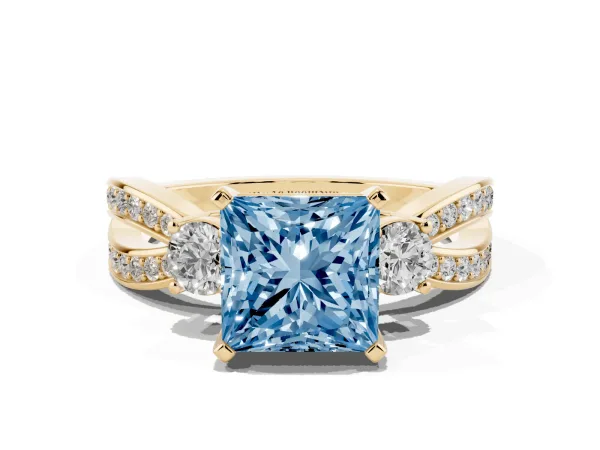 Fancy Blue Three-Stone Princess Cut Cut Diamond Twist Band with Prong Setting Yellow gold