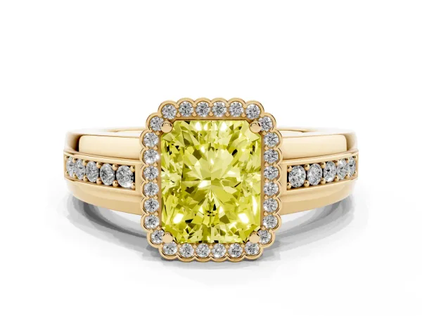 Fancy Yellow Radiant Cut Cut Halo Pave Band Four-Prong Ring Yellow gold