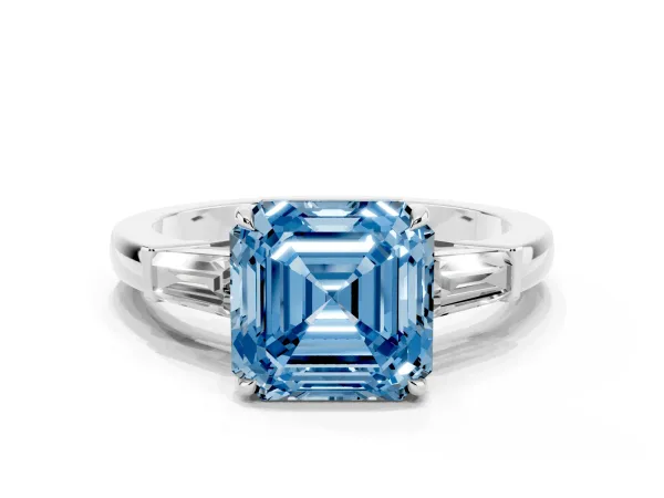 Fancy Blue Asscher Cut Diamond Three-Stone Ring with Tapered Baguette Side Stones and Prong Setting White gold
