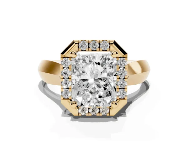 Radiant Cut Cut Halo Solitaire Engagement Ring with Square Band and Four-Prong Setting Yellow gold