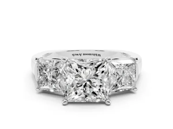 Three-Stone Princess Cut Brilliant Diamond Trellis Ring with Comfort Fit Band Platinum