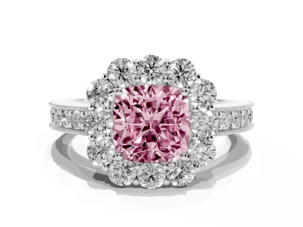 Fancy Pink Cushion Cut Cut Halo Diamond Pavé Engagement Ring with Milgrain Detailing Platinum