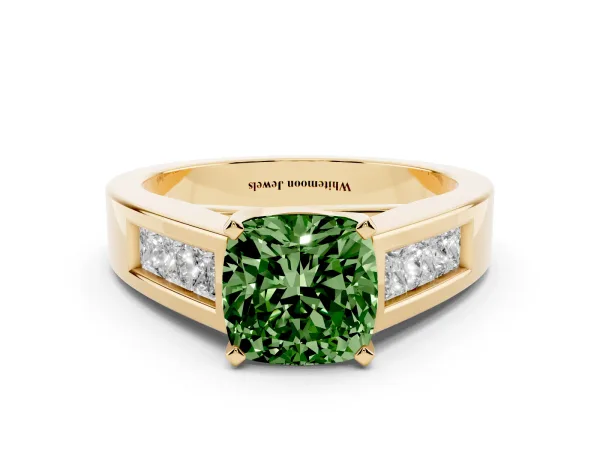 Fancy Green Cushion Cut Cut Channel Set Solitaire Ring with Four-Prong Setting Yellow gold