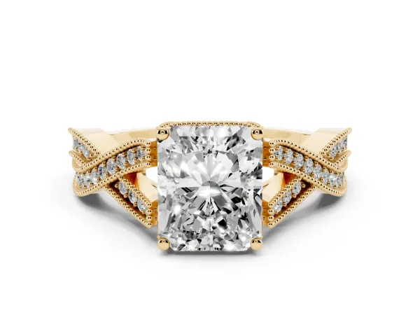 Radiant Cut Cut Diamond Twisted Band with Milgrain Pave Setting and Four-Prong Setting Yellow gold