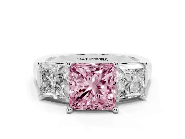 Fancy Pink Three-Stone Princess Cut Brilliant Diamond Trellis Ring with Comfort Fit Band Platinum