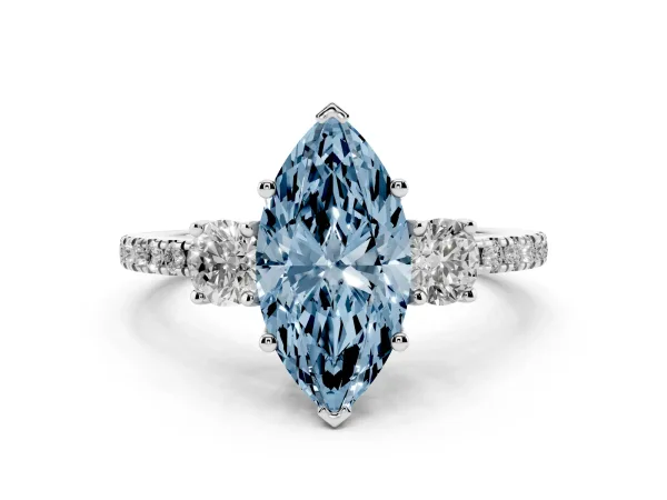 Fancy Blue Three-Stone Marquise Cut Cut Diamond Pavé Band with Prong Setting White gold