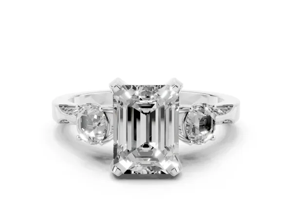 Fancy Yellow Emerald Cut Brilliant Three-Stone Diamond Ring with Pavé Band and Four-Prong Setting Platinum