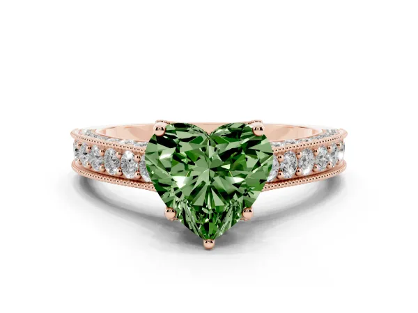 Fancy Green Heart Cut Cut Diamond Solitaire Ring with Milgrain Pave Band and Four Prong Setting Rose gold