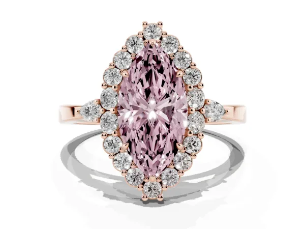 Fancy Pink Marquise Cut Diamond Halo Ring with Pear Side Stones and Prong Setting Rose gold