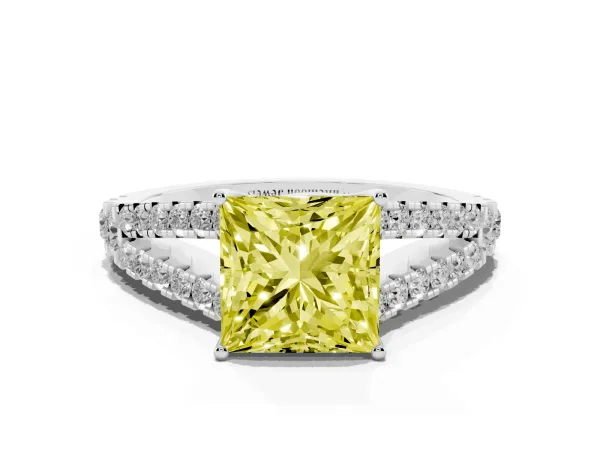 Fancy Yellow Princess Cut Diamond Split Shank Pavé Engagement Ring with Four-Prong Setting White gold