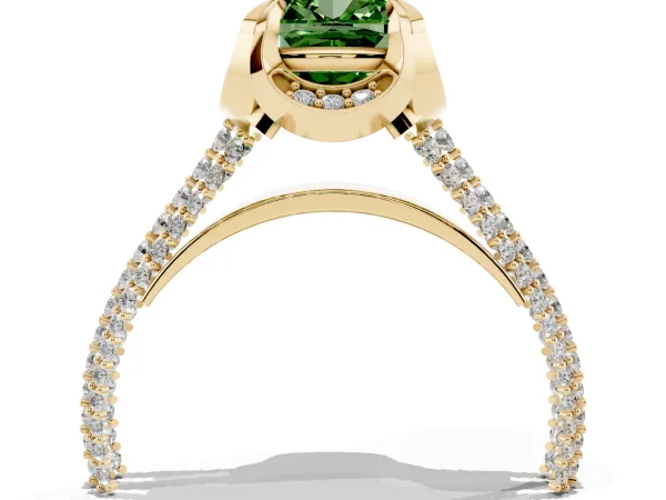 Fancy Green Cushion Cut Solitaire Pave Split Shank Ring with Four-Prong Setting Yellow gold