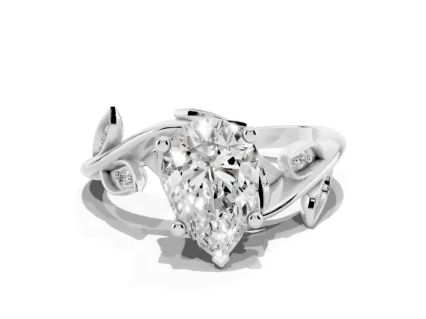 Pear Cut Solitaire Twist Engagement Ring with Leaf Accents and Prong Setting Platinum