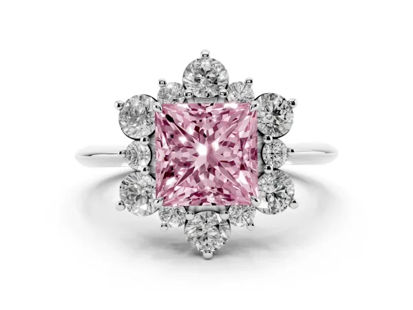 Fancy Pink Princess Cut Diamond Cluster Halo Ring with Solitaire Band and Four-Prong Setting White gold