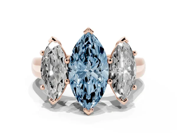 Fancy Blue Marquise Cut Three-Stone Diamond Ring with Prong Setting on a Classic Band Rose gold