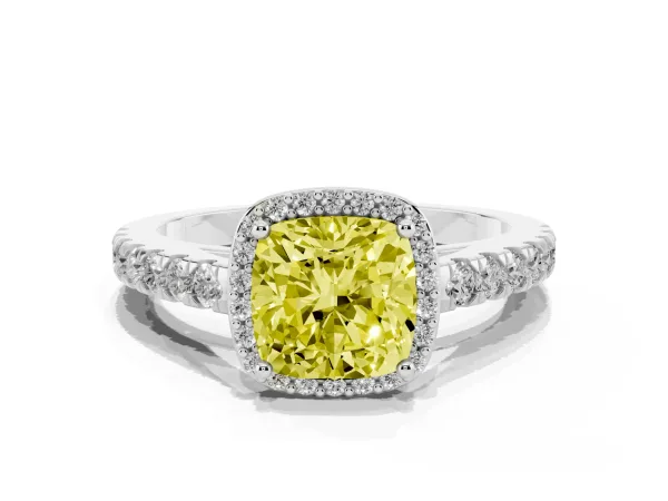 Fancy Yellow Cushion Cut Cut Halo Diamond Engagement Ring with Pave Band and Four-Prong Setting White gold