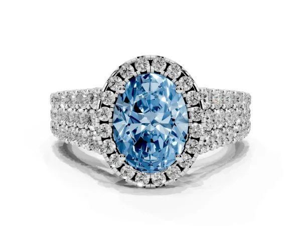 Fancy Blue Oval Cut Diamond Halo Engagement Ring with Triple Row Round Pavé Band and Prong Setting Platinum