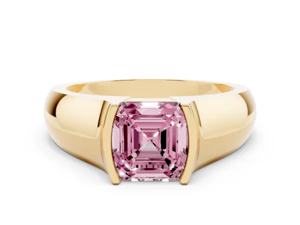 Fancy Pink Asscher Cut Solitaire Bezel Set Diamond Ring with Wide Band Yellow gold