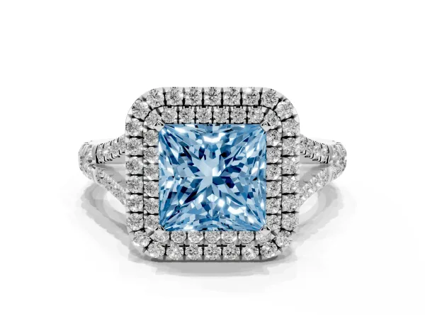 Fancy Blue Princess Cut Diamond Double Halo Ring with Split Shank and Prong Setting White gold