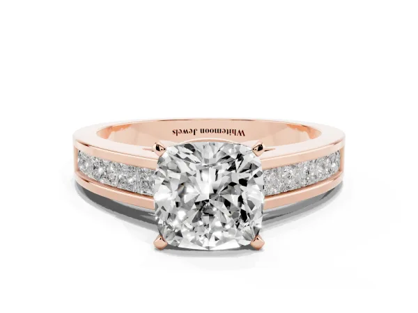 Cushion Cut Solitaire Diamond Ring with Channel-Set Band and Four-Prong Setting Rose gold