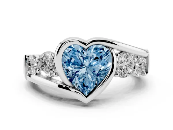 Fancy Blue Bezel Set Heart Cut Diamond Bypass Ring with Round Accents White gold