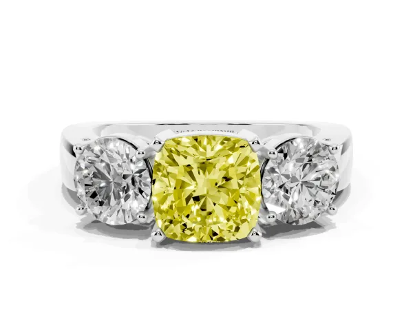 Fancy Yellow Three-Stone Cushion Cut Diamond Ring with Round Side Stones, Classic Band, and Four-Prong Setting Platinum