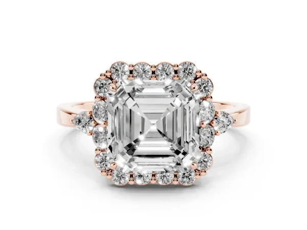 Asscher Cut Diamond Halo Ring with Pear Side Stones and Prong Setting Rose gold