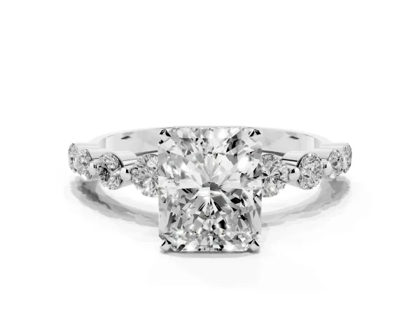 Radiant Cut Solitaire Diamond Ring with Pave Band and Four-Prong Setting White gold
