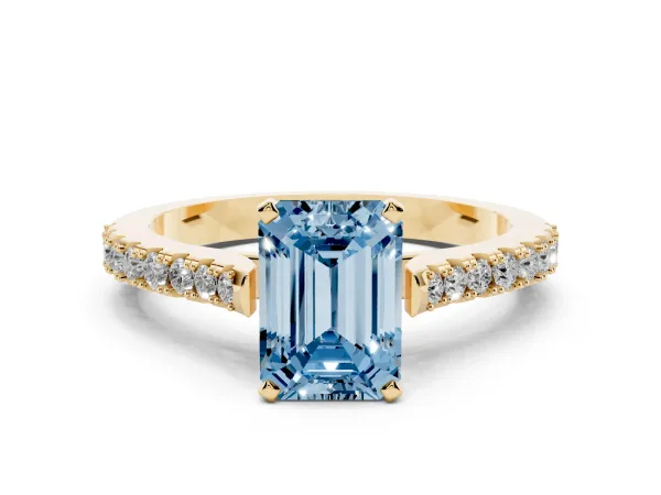 Fancy Blue Emerald Cut Cut Solitaire Diamond Engagement Ring with Pave Band and Four-Prong Setting Yellow gold