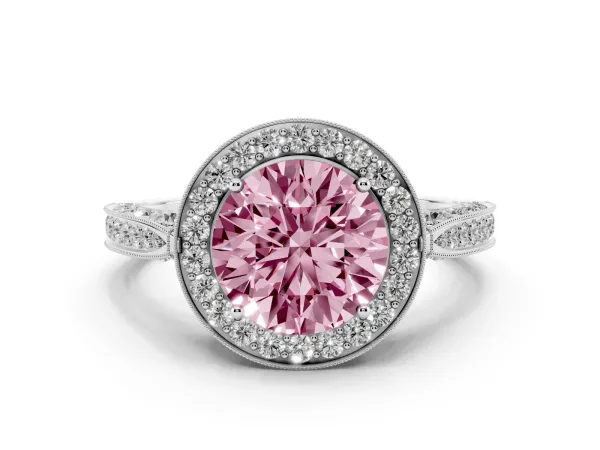 Fancy Pink Round Cut Halo Diamond Engagement Ring with Split Shank Band and Four-Prong Setting Platinum