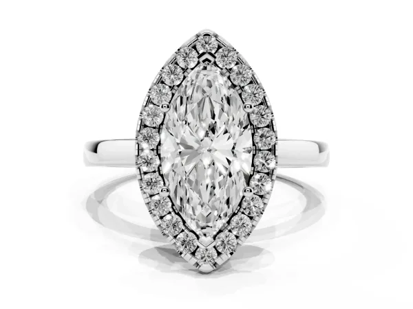 Marquise Cut Halo Diamond Solitaire with Pavé Band and Four-Prong Setting White gold