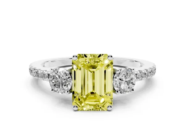 Fancy Yellow Three-Stone Emerald Cut Cut Diamond Pavé Band with Prong Setting White gold