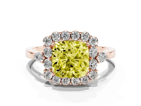 Fancy Yellow Cushion Cut Diamond Halo Ring with Pear Side Stones and Prong Setting Rose gold