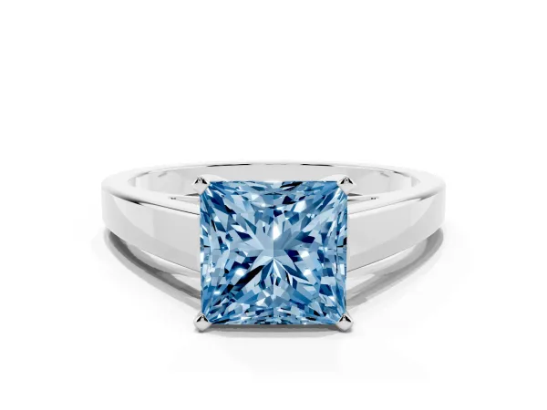 Fancy Blue Princess Cut Solitaire Engagement Ring with Four-Prong Setting and Tapered Band White gold