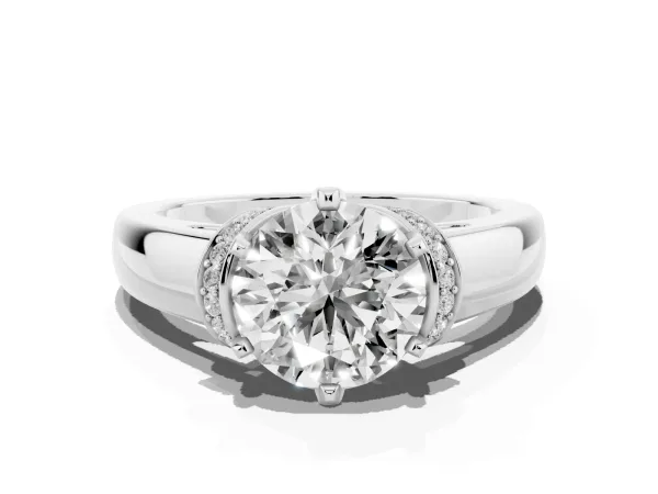 Round Cut Solitaire Diamond Ring with Pave Band and Six-Prong Setting Platinum