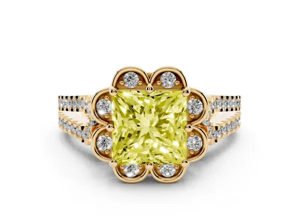 Fancy Yellow Princess Cut Halo Diamond Floral Split Shank Engagement Ring Yellow gold