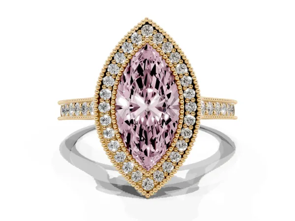 Fancy Pink Halo Marquise Cut-Cut Diamond Pave Band Milgrain Prong Setting Ring Yellow gold