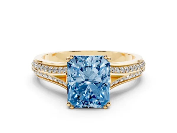Fancy Blue Radiant Cut Diamond Split Shank Engagement Ring with Pavé Band Yellow gold