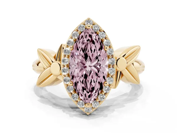 Fancy Pink Marquise Cut Halo Diamond Floral Band with Four-Prong Setting Yellow gold