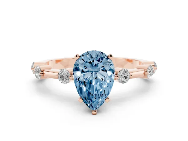 Fancy Blue Pear Cut Solitaire Diamond Ring with Bezel Set Side Stones and Prong Setting Rose gold
