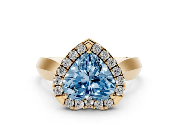 Fancy Blue Heart Cut Cut Halo Solitaire Engagement Ring with Square Band and Four-Prong Setting Yellow gold