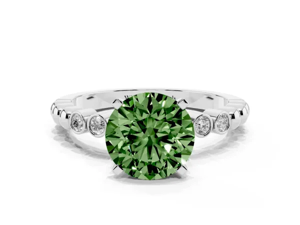 Fancy Green Round Cut Solitaire Bezel Accent Diamond Engagement Ring with Beaded Band and Four-Prong Setting Platinum