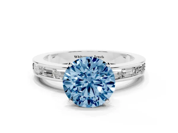 Fancy Blue Round Cut Solitaire Diamond Ring with Channel-Set Baguette Band and Four-Prong Setting Platinum