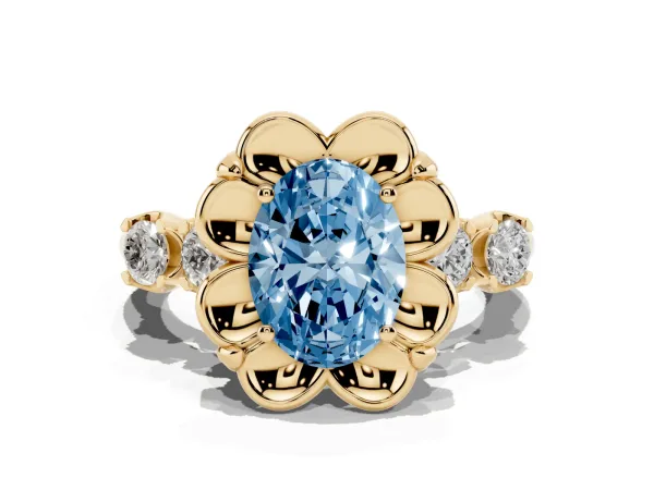 Fancy Blue Oval Cut Cut Diamond Floral Halo Engagement Ring with Shared Prong Setting Yellow gold