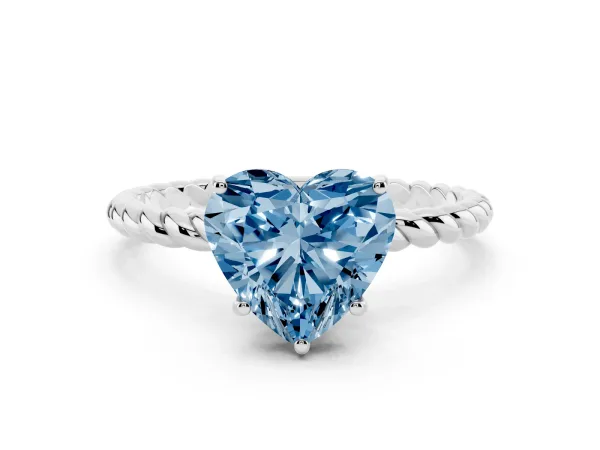 Fancy Blue Heart Cut Solitaire Twist Band Ring with Four-Prong Setting Platinum