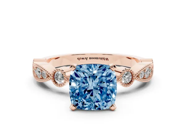 Fancy Blue Cushion Cut Milgrain Bezel Diamond Engagement Ring with Solitaire Prong Setting Rose gold