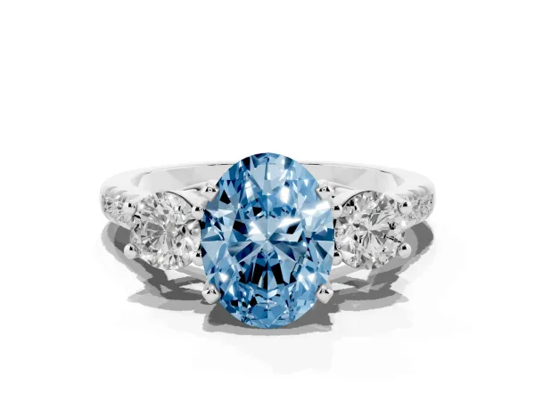 Fancy Blue Three-Stone Oval Cut Diamond Pavé Band with Four-Prong Setting White gold