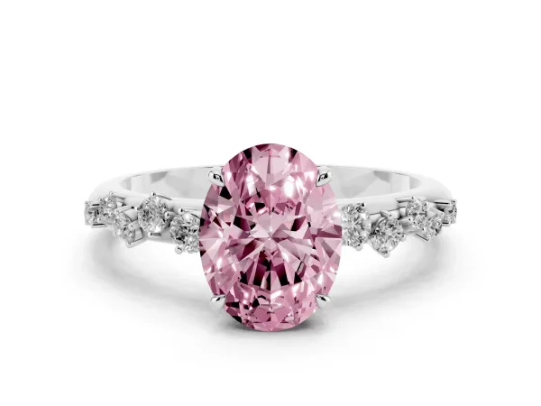 Fancy Pink Oval Cut Diamond Cluster Prong-Set Solitaire Ring White gold
