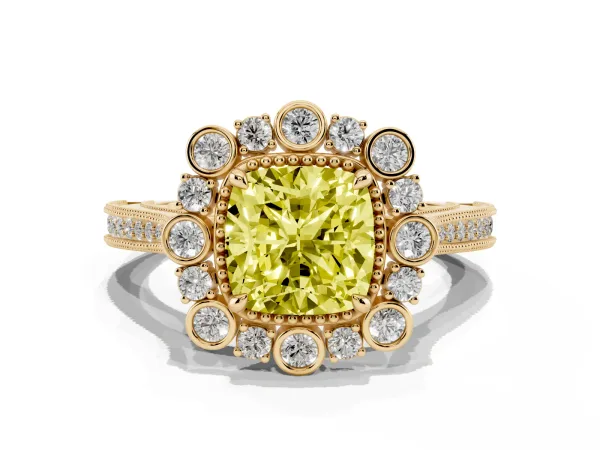 Fancy Yellow Cushion Cut Halo Milgrain Pave Diamond Ring with Four-Prong Setting Yellow gold