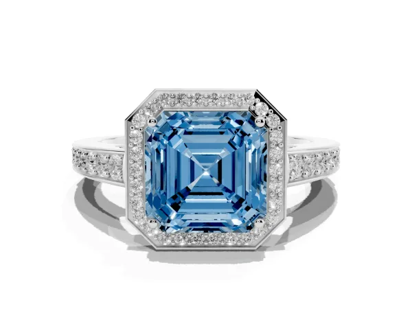 Fancy Blue Asscher Cut Halo Pavé Diamond Engagement Ring with Bezel Setting White gold