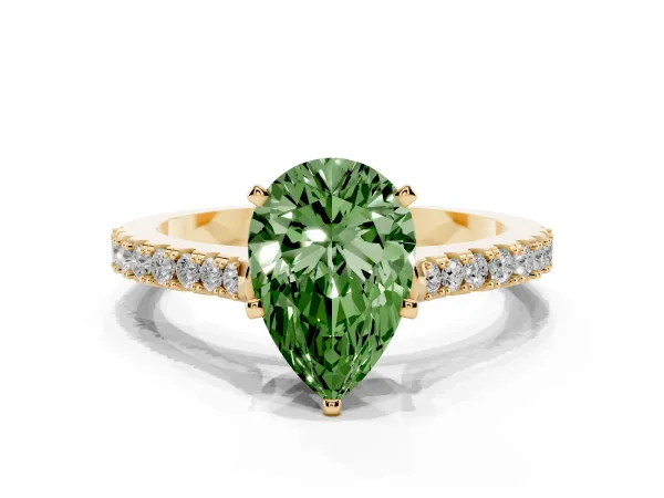 Fancy Green Pear Cut Cut Solitaire Diamond Engagement Ring with Pave Band and Four-Prong Setting Yellow gold